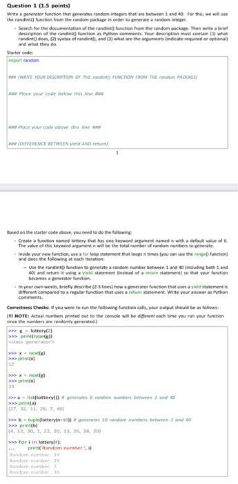 Solved Question 1 (1.5 points) Write a generator function | Chegg.com