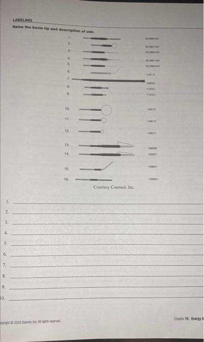 Name the bovie tip and description of uste.
Courteny Conmed, Inc:
1.
2.
i.
4.
5.
6.
7.
8
9.
0.