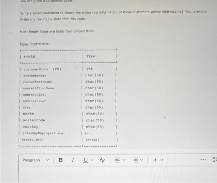 Solved Write a select statement to return the entire row | Chegg.com