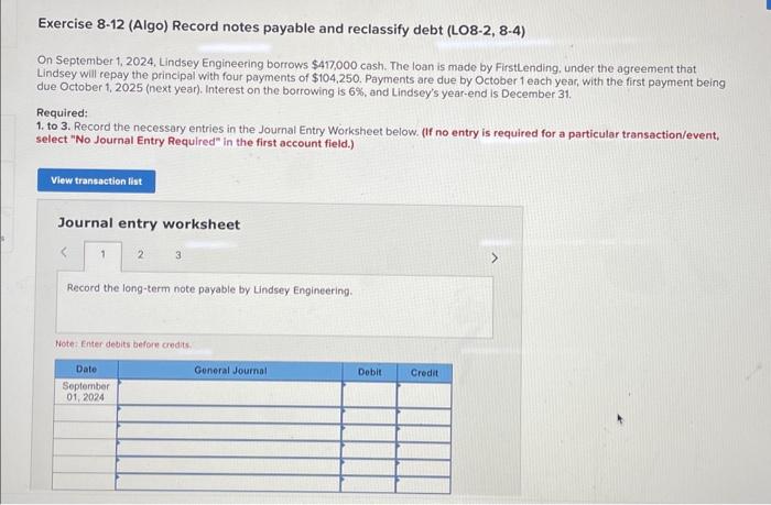 Solved Exercise 8-12 (Algo) Record notes payable and | Chegg.com