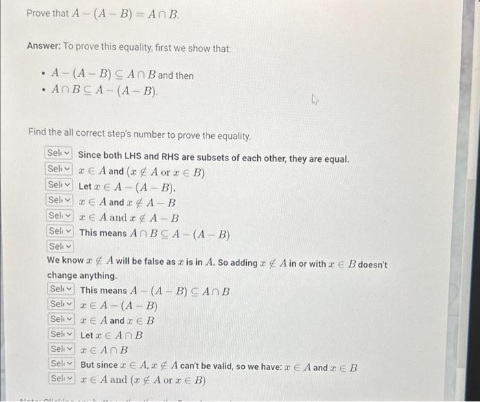 Solved To prove A∩A=A, find the correct set identities for | Chegg.com