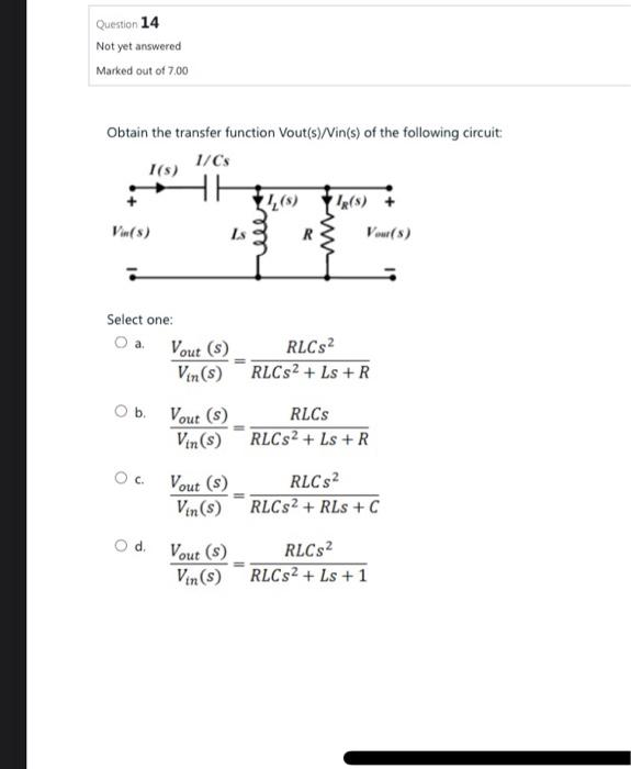 Solved Obtain the transfer function Vout(s)/Vin(s) of the