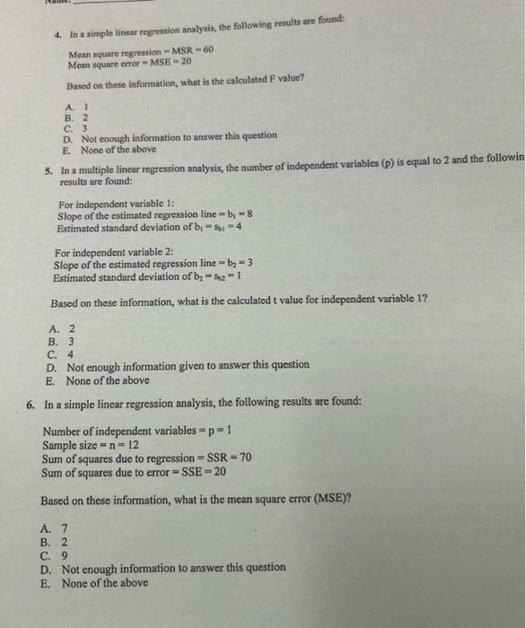 Solved 4. In a simple linear regression analysis, the | Chegg.com