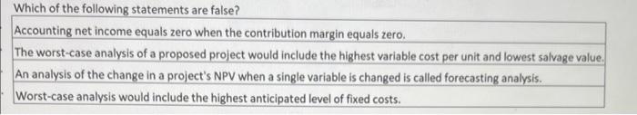 Which of the following statements are false?
Accounting net income equals zero when the contribution margin equals zero.
The 