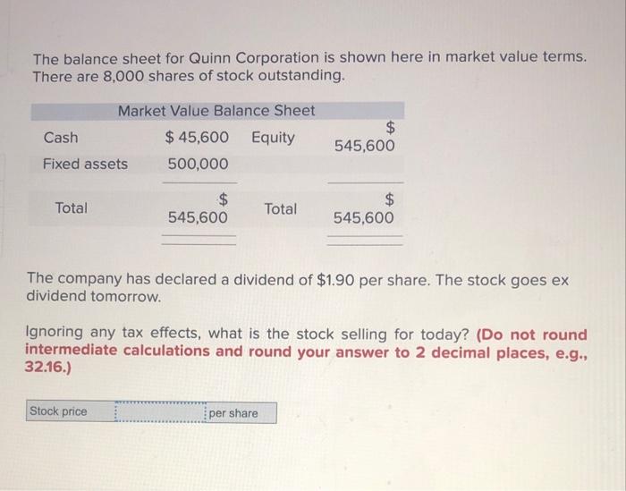 Solved The balance sheet for Quinn Corporation is shown here