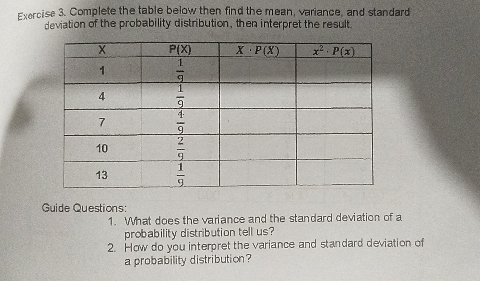 Solved Exercise 3. Complete The Table Below Then Find The | Chegg.com