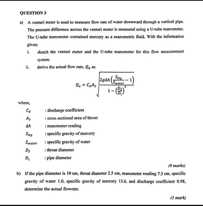 Solved a) A venturi meter is used to measure flow rate of | Chegg.com