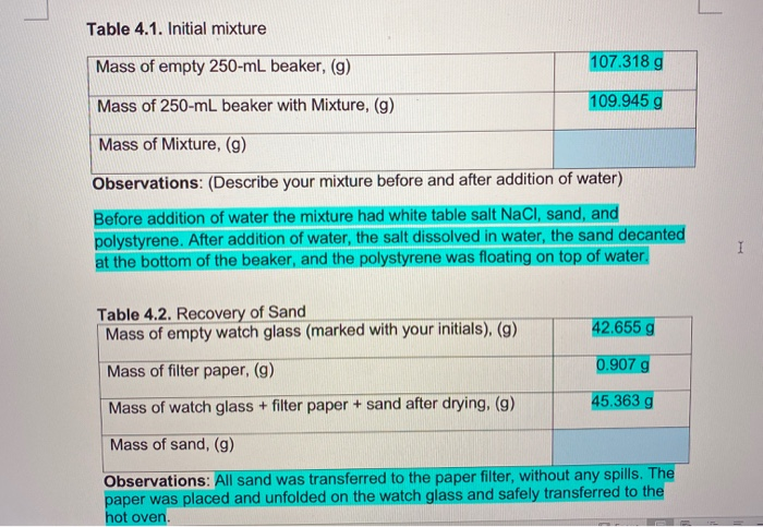 Solved Table 4 1 Initial Mixture Mass Of Empty 250 Ml Be Chegg Com