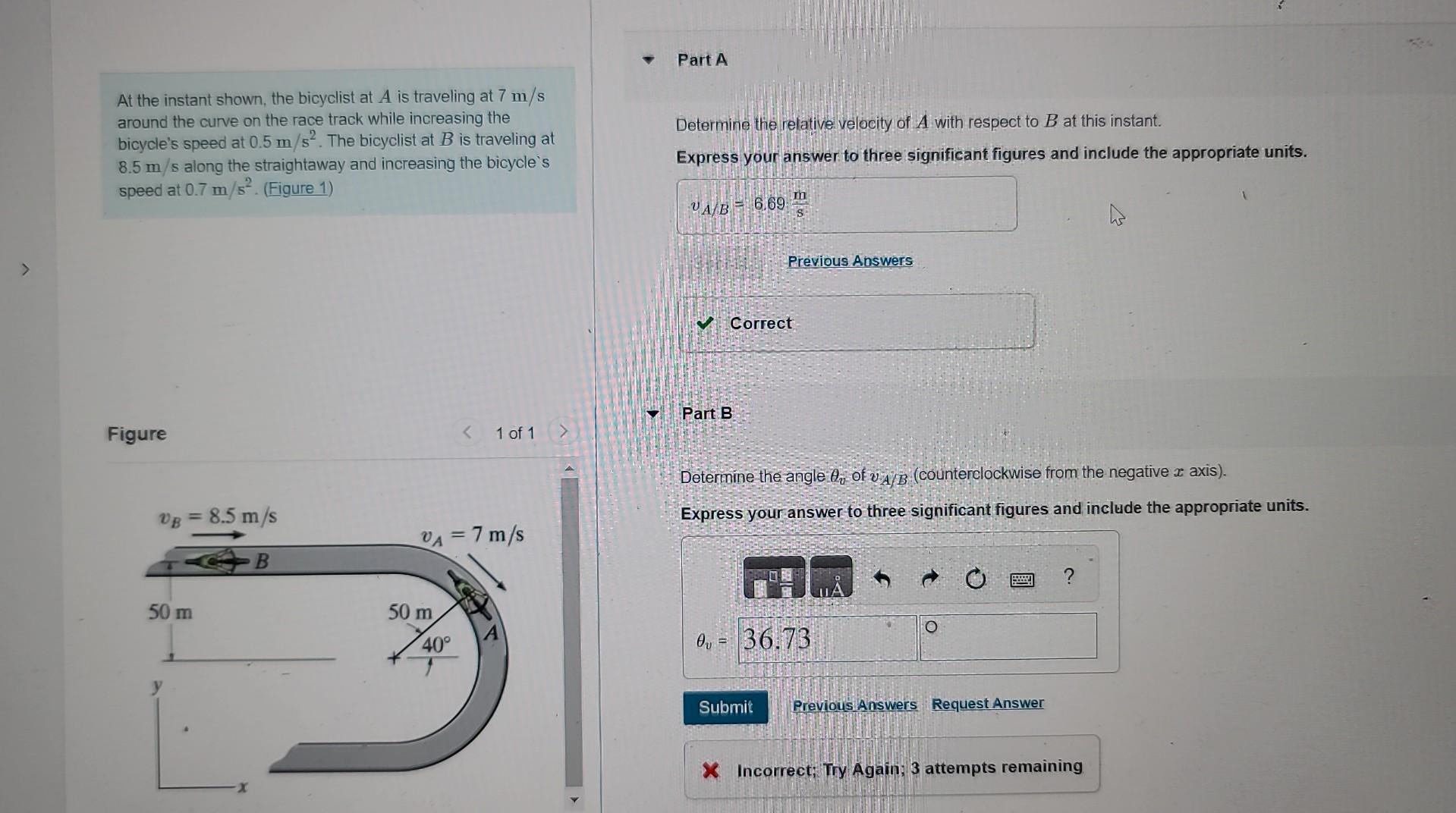 Solved At the instant shown, the bicyclist at A is traveling | Chegg.com