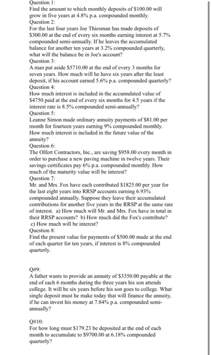 Solved Question 1 Find The Amount To Which Monthly Deposits Chegg Com