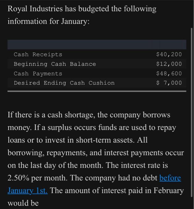 Solved Royal Industries has budgeted the following