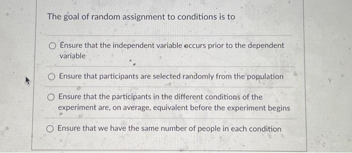 Solved The goal of random assignment to conditions is to | Chegg.com