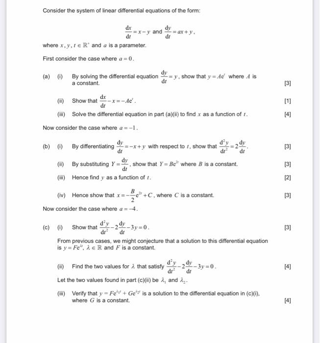 Consider the system of linear differential equations | Chegg.com