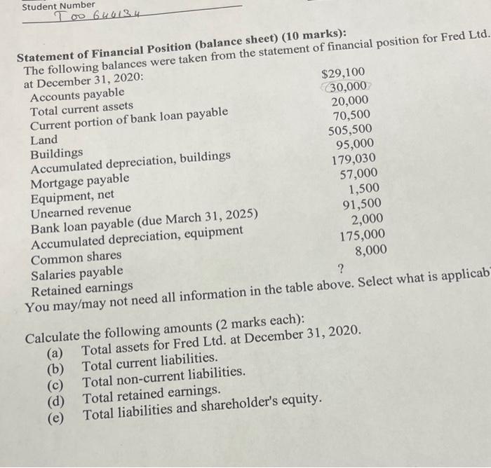 Solved Statement Of Financial Position Balance Sheet 10 4415