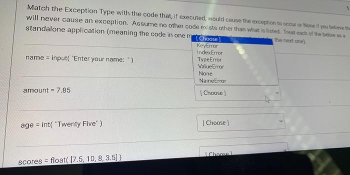 Solved Match the Exception Type with the code that, if | Chegg.com