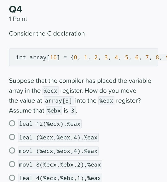 Solved H3: X86 Programming Q1 1 Point 1) Mov (%eax, %eax, | Chegg.com