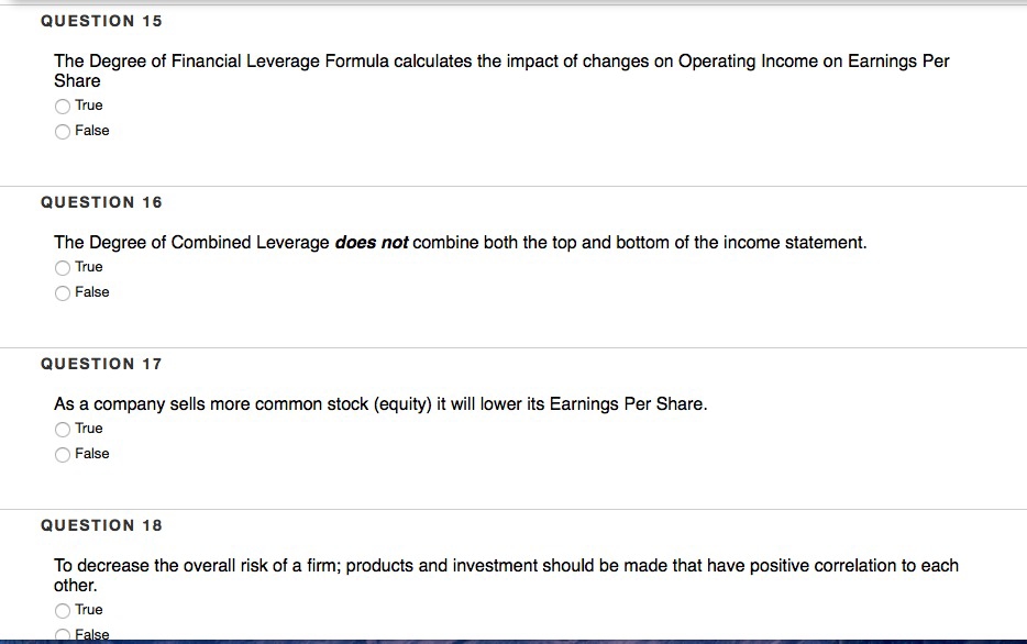 Solved QUESTION 15The Degree of Financial Leverage Formula | Chegg.com