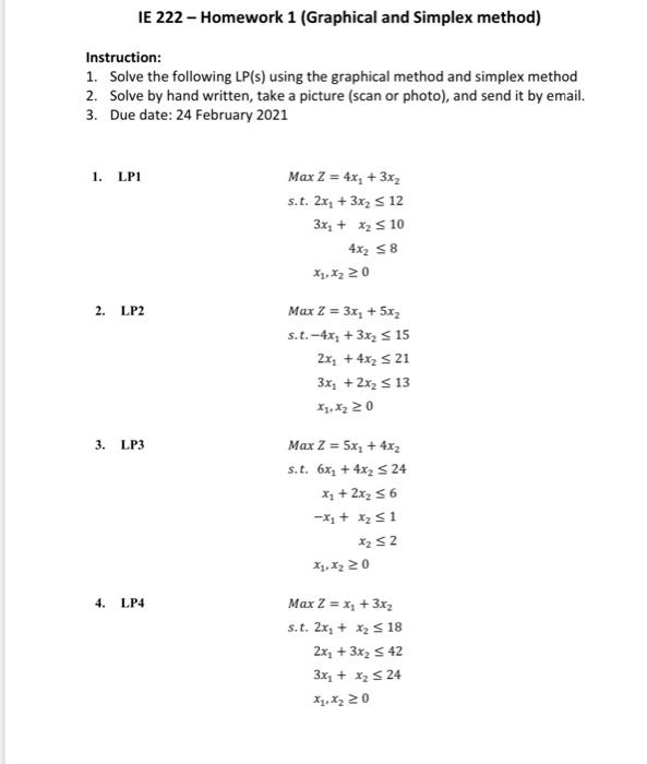 Solved Ie 222 Homework 1 Graphical And Simplex Method Chegg Com