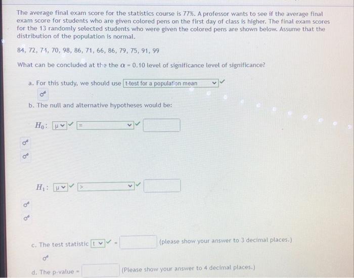 Solved The average final exam score for the statistics | Chegg.com