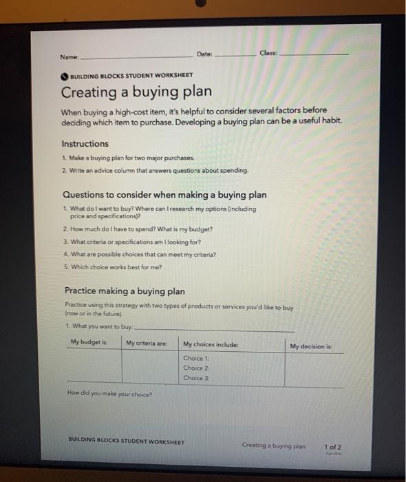 Name: Date: Class BUILDING BLOCKS STUDENT WORKSHEET | Chegg.com