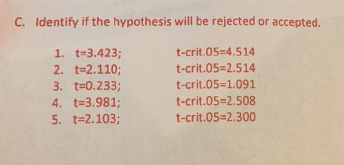 Solved C Identify If The Hypothesis Will Be Rejected Or Chegg Com