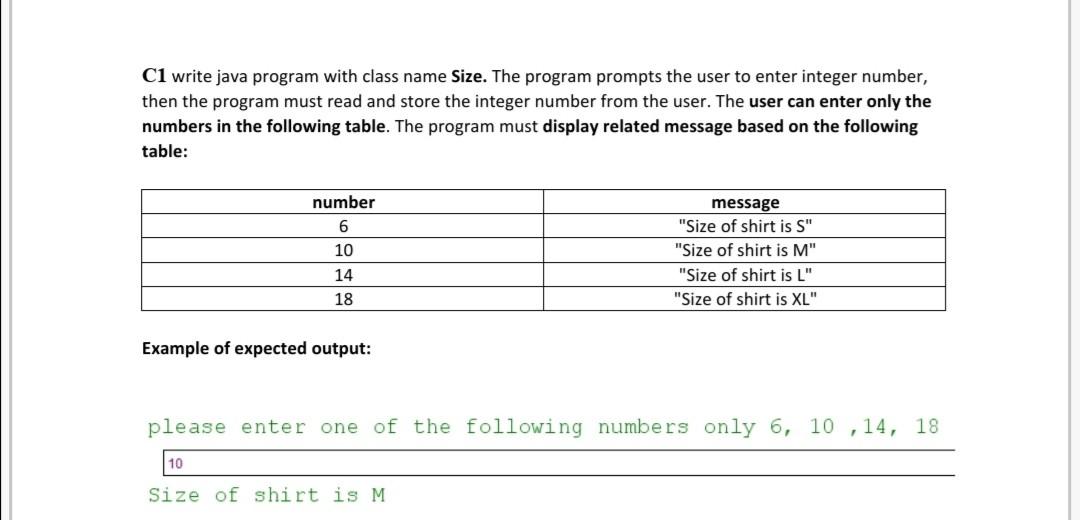 Solved C1 write java program with class name Size. The | Chegg.com