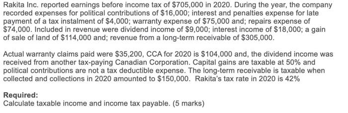 Solved Rakita Inc. reported earnings before income tax of | Chegg.com