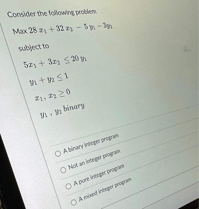 Solved Consider the following problem Max28x1+32x2−5y1−3y2 | Chegg.com