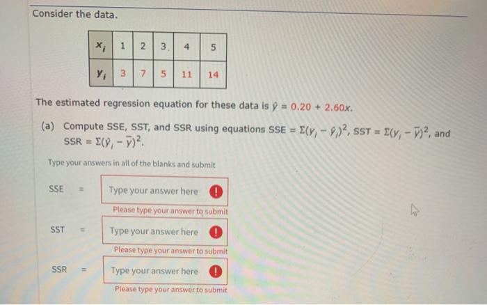 Solved Consider the data. xi 1 2 3 4 5 y; 3 7 5 11 14 The | Chegg.com