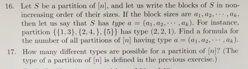 Solved 16. Let S be a partition of [n], and let us write the | Chegg.com