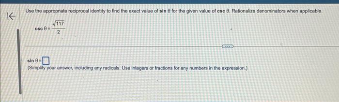 Use the appropriate reciprocal identity to find the exact value of \( \sin \theta \) for the given value of csc \( \theta \).