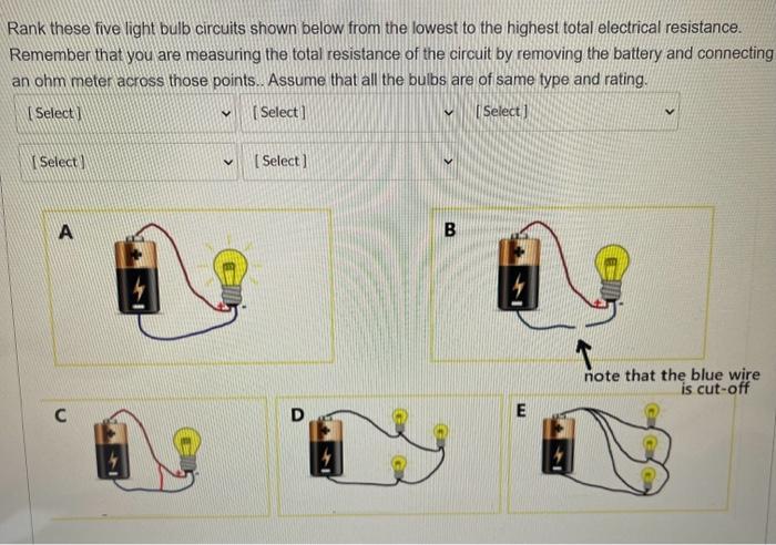 Rank these five light bulb circuits shown below from the lowest to the highest total electrical resistance. Remember that you