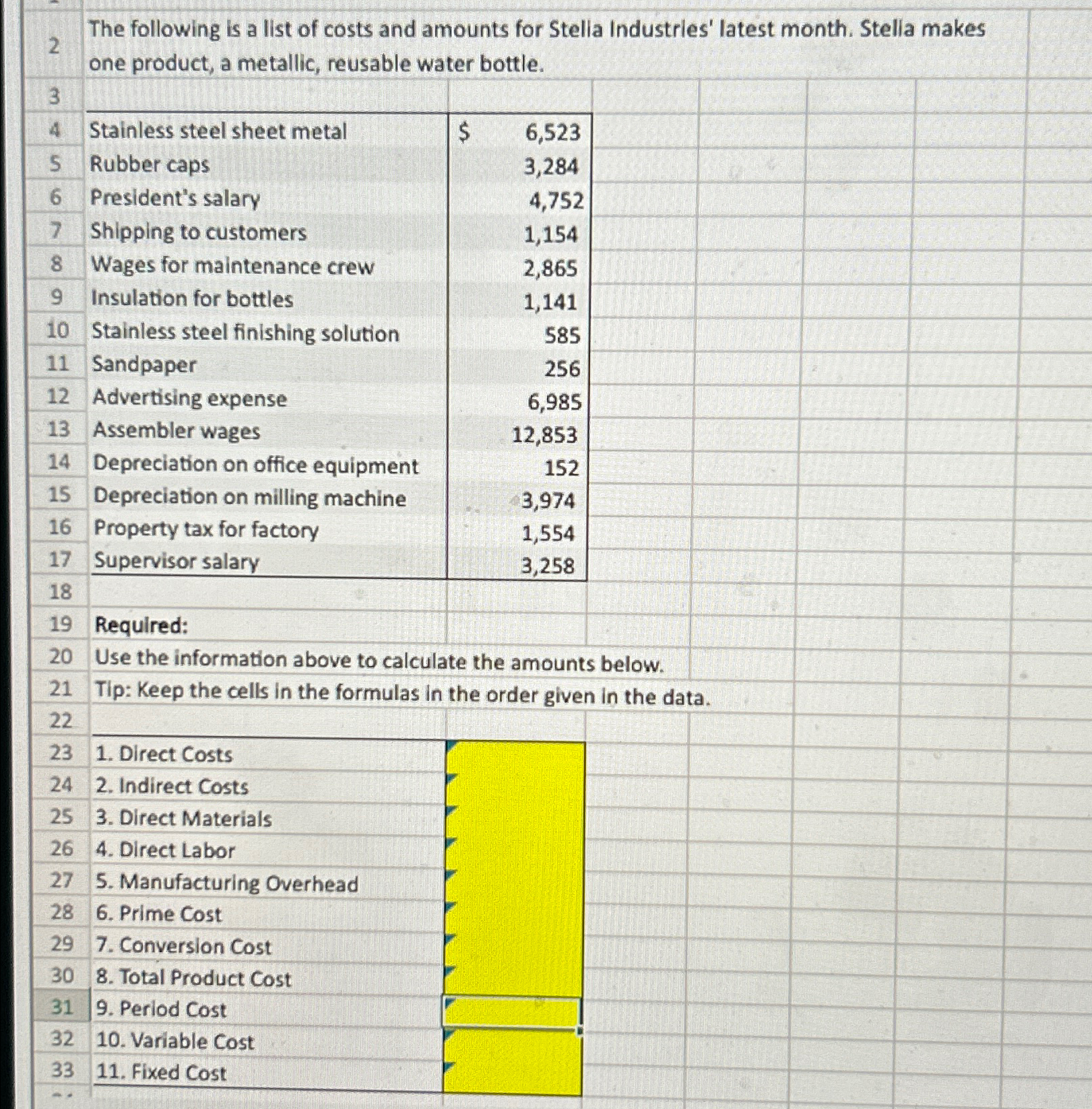 Solved The following is a list of costs and amounts for | Chegg.com