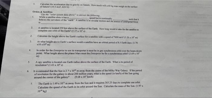 Solved 5. Calculate the acceleration due to gravity on | Chegg.com