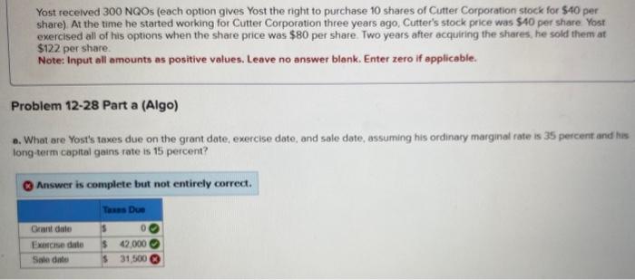 Solved Yost received 300 NQOs (each option gives Yost the | Chegg.com