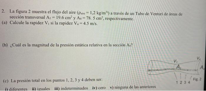 a 2. La figura 2 muestra el flujo del aire (Paire = 1,2 kg/mº) a través de un Tubo de Venturi de áreas de sección transversal
