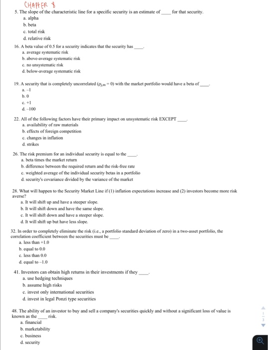 Solved for that security. CHAPTER 8 5. The slope of the | Chegg.com