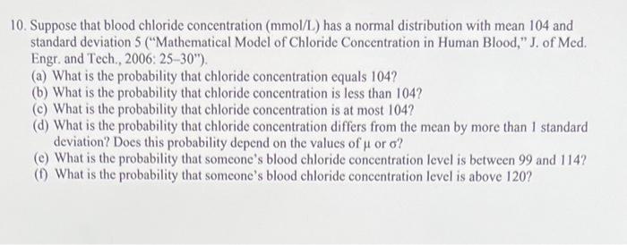 Solved 10. Suppose That Blood Chloride Concentration | Chegg.com