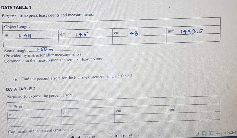 Solved Data Table 1 Purpose To Express Least Counts And Chegg Com