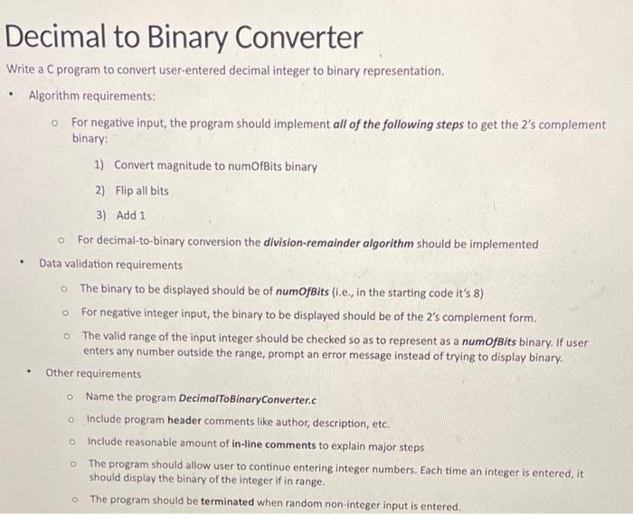 Solved Decimal to Binary Converter Write a C program to | Chegg.com
