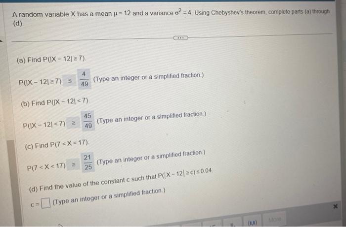 Solved A random variable X has a mean μ=12 and a variance | Chegg.com