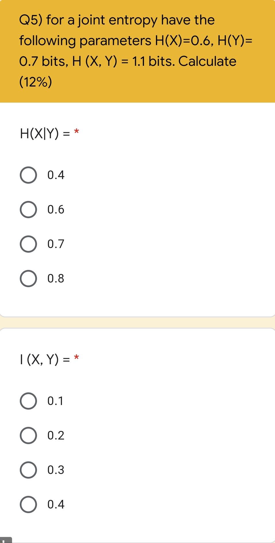 Solved Q5) for a joint entropy have the following parameters | Chegg.com