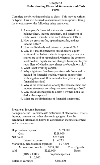 Solved Chapter 3 Understanding Financial Statements and Cash | Chegg.com