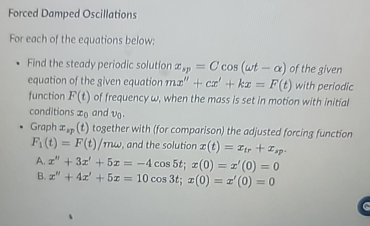 Solved Forced Damped OscillationsFor each of the equations | Chegg.com