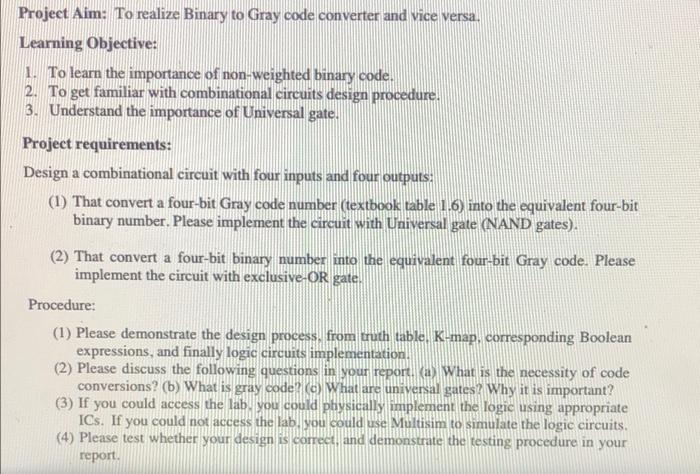 Solved Project Aim: To realize Binary to Gray code converter | Chegg.com