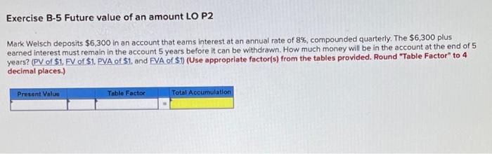 Solved Exercise B-5 Future value of an amount LO P2 Mark | Chegg.com