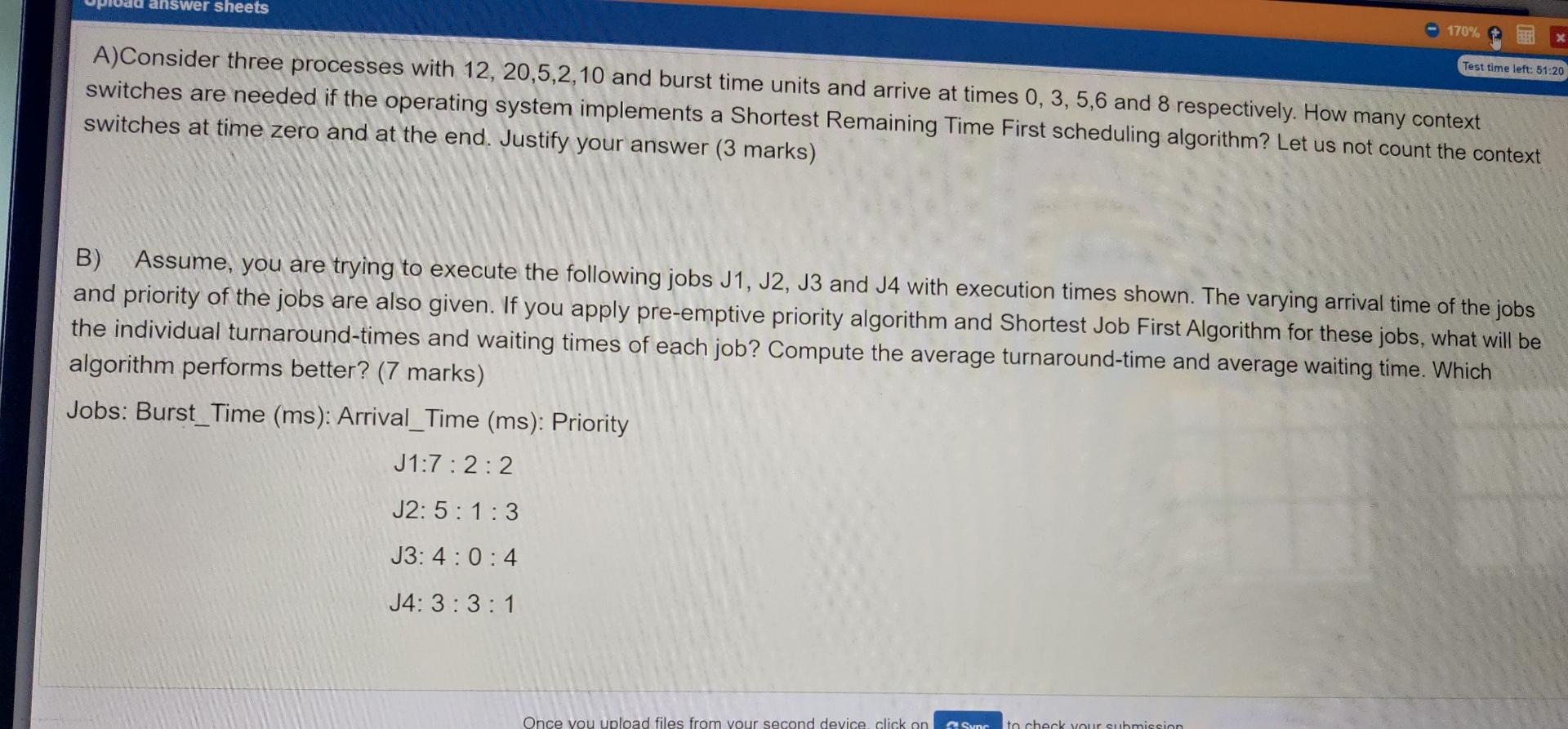 Solved answer sheets 170% X Test time left: 51:20 A)Consider | Chegg.com