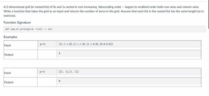 A 2-dimensional grid (or nested list) of Os and 15 sorted in non-increasing (descending order \( \cdots \) largest to smalles