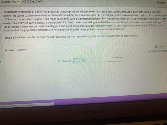 Solved Question 18 of 20 Step 1 of 4 02:20:21 The marketing | Chegg.com