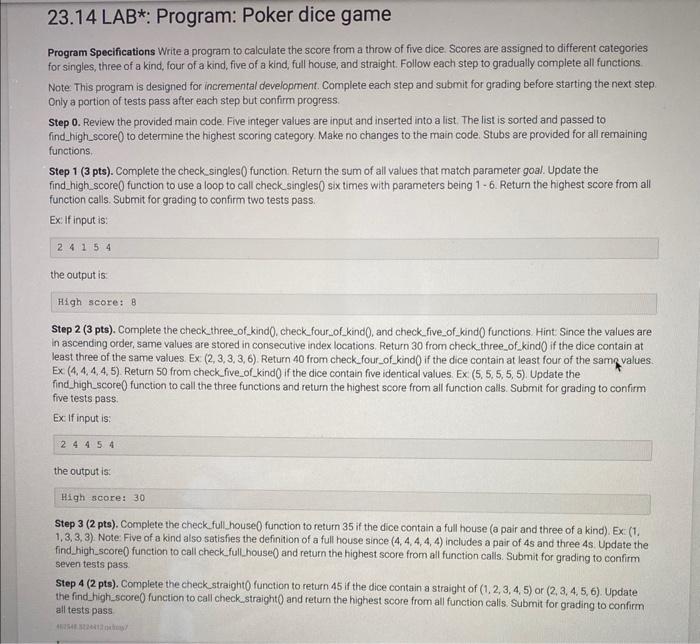 23.14 LAB*: Program: Poker dice game Program | Chegg.com